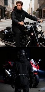 Detail of waterproof zippers and logos on a hooded motorcycle riding jacket for men