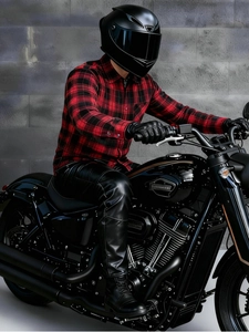 Men's red and black plaid motorcycle riding shirt with protective aramid fiber lining