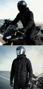 Front and side view of waterproof motorcycle riding jacket and matching protective pants