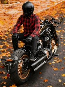 Red plaid motorcycle riding shirt for men with protective Kevlar lining on a motorbike