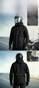 Waterproof motorcycle jacket with hooded design, large cargo pockets and pant connection loop