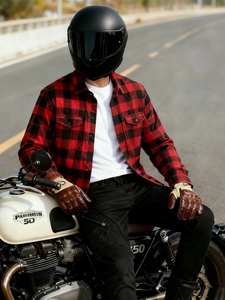 Red and black plaid flannel motorcycle riding shirt with protective gear for bikers