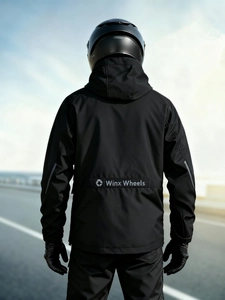 Rear view of black waterproof motorcycle riding jacket with hood and Winx Wheels logo