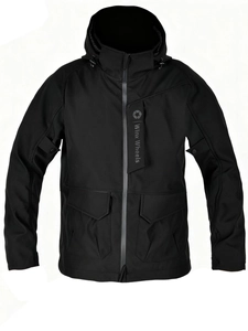 All-season waterproof motorcycle jacket with hood and functional cargo pockets in black