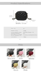 Size chart showing 13x10.5x5cm dimensions for quilted chain shoulder bag in five colors