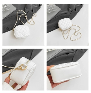 Detailed four-way views of a white quilted chain bag with elegant gold metal hardware