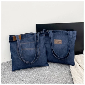 Large capacity denim tote bag with functional pockets and leather Fashion Bag patch