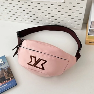 Detail of pink nylon waist bag with brown logo embroidery and adjustable strap