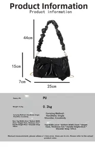 Detailed view of lightweight 0.2kg black shiny bow purse with gathered handle and chain