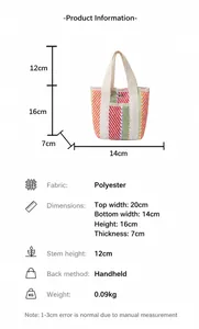 Gedetailleerde maatspecificaties en afmetingen voor de kleurrijke geweven mini tote bag