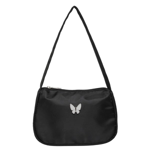 Minimalistische schwarze Schultertasche mit weißer Schleife und Reißverschluss
