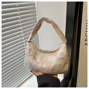 Sac hobo chic avec jacquard papillon rose et argent dans une élégante forme en demi-lune