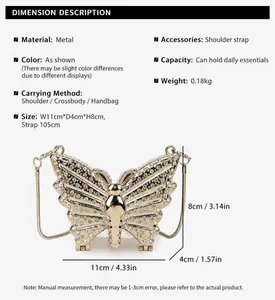 Mini sac de soirée papillon en métal avec strass, taille 11x8x4cm et poids 0,18kg