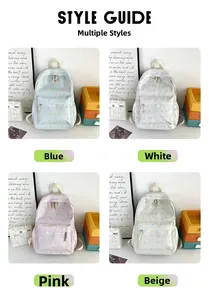 Quattro colori di zaini scolastici kawaii in blu, bianco, rosa e tonalità beige