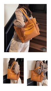 Dettaglio di una grande borsa tote in tela arancione con tasca frontale e cerniere intrecciate