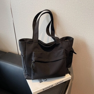 Borsa tote retrò in tela nera da donna con grande tasca frontale con cerniera per ufficio