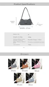 Detailed chart showing PU baguette bag dimensions, specifications, and five color options