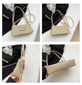 Detailed four-way view showing the beige textured baguette bag with silver bow buckle