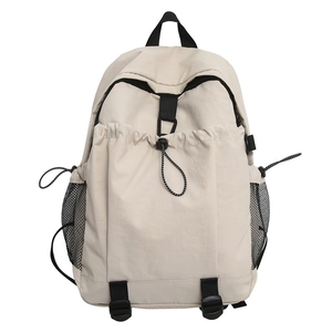 Minimalist beige oxford fabric backpack for women with black buckle straps and large capacity