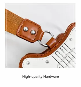 Detail of guitar-shaped bag showing silver metal ring buckle and reinforced brown straps
