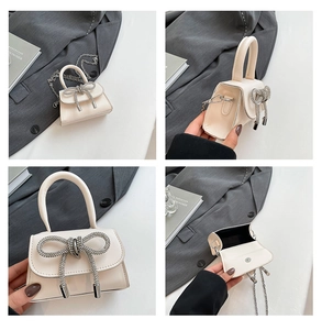 Detailed views of beige mini bag with rhinestone bow and detachable chain strap