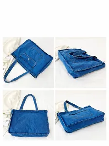 Detailansichten der blauen Denim-Tragetasche mit verschiedenen Winkeln und Fronttasche