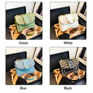 Close-up of tweed chain flap bags in four colors with gold oval metal buckles