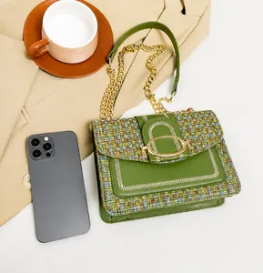 Close-up of green tweed shoulder bag with gold chain strap and oval buckle