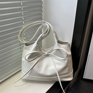 Women Korean Style Sweet PU Leather Tote Bag Fashion Bow Tie Ribbon Large Capacity Shoulder Bag Casual Handbag For Daily Shopping