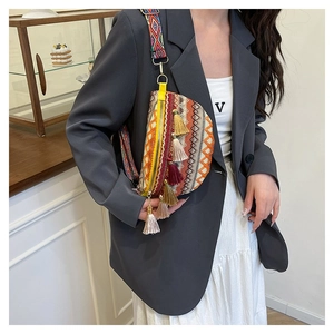 Detail of woven crossbody bag featuring colorful tassels and ethnic geometric patterns
