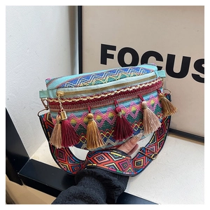 Detailed view of bohemian woven belt bag featuring colorful geometric patterns and long tassels