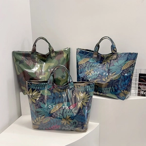Large Capacity Waterproof PVC Tote Bag Botanical Plant Print Casual Travel Handbag Stylish Shoulder Bag For Women