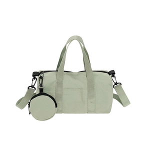 Light green barrel gym bag with top handles and a small round coin purse accessory