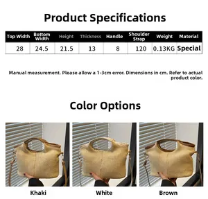 Tableau des tailles détaillé pour sac en paille montrant les modèles kaki blanc et brun
