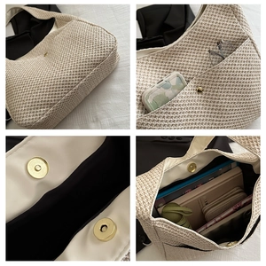 Détails du sac à bandoulière tissé avec matériel doré et intérieur spacieux