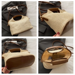 Détails du sac cabas en paille tressée avec poignées en cuir marron et doublure