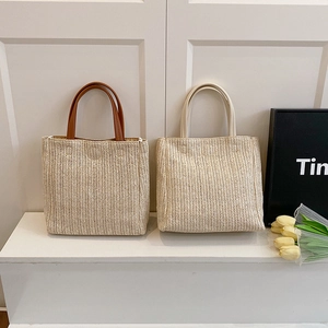 Sac Cabas en Paille Tissée pour Femmes Grande Capacité Sac à Main Minimaliste Couleur Contrastée Sac Seau de Plage Vacances d'Été Sac de Voyage Décontracté