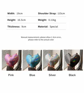 Size chart for laser heart chain bag showing dimensions 19x16.5x9 cm in four colors