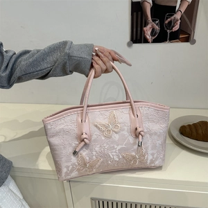 Bolso de Hombro de Encaje Con Bordado de Mariposas para Mujer Bolso Tote de Axila Floral de Gran Capacidad Elegante Bolso de Cuero PU Romántico