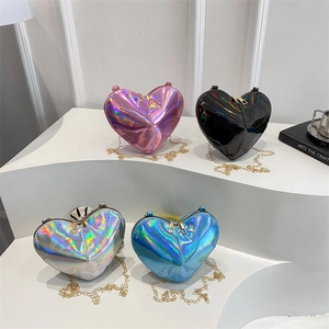 Chic laser heart-shaped chain bags in pink, black, silver, and blue metallic finishes