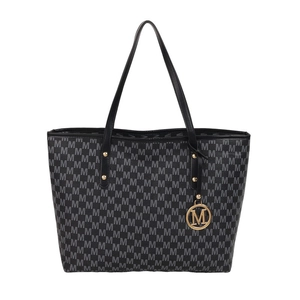 Classic black monogram tote bag with large capacity and elegant gold metal M pendant