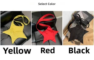 Detailed view of star-shaped crossbody bags in yellow, red, and black nylon colors