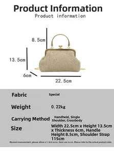 Detailed size specifications of retro shell straw bag with gold beads and chain strap