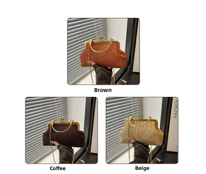 Three colors of handmade straw shell bags with vintage gold clasps and metal chain straps