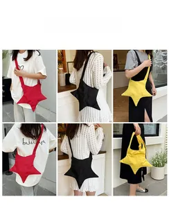 Chic star-shaped canvas tote bags in red, black and yellow shown on street models