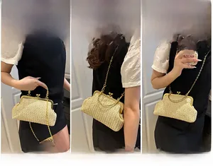 Three-way wear guide for beige woven shell bag showing handbag, shoulder, and crossbody styles
