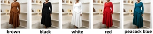 Detailed collage of long-sleeved pleated dresses in five colors with asymmetrical collars