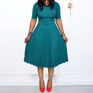 Women's Elegant Pleated Midi Dress With Belt Round Neck Half Sleeve High Waist Solid Color Formal Party Commute Dress