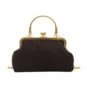 Dark brown straw shell bag with vintage gold metal frame and floral handle details