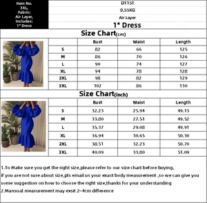 Detailed size chart for V-neck puff sleeve mermaid dress with measurements from S to 3XL